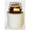 Image 1 : ANTIQUE VINTAGE CROCK WITH CORK LID & WIRE HANDLE