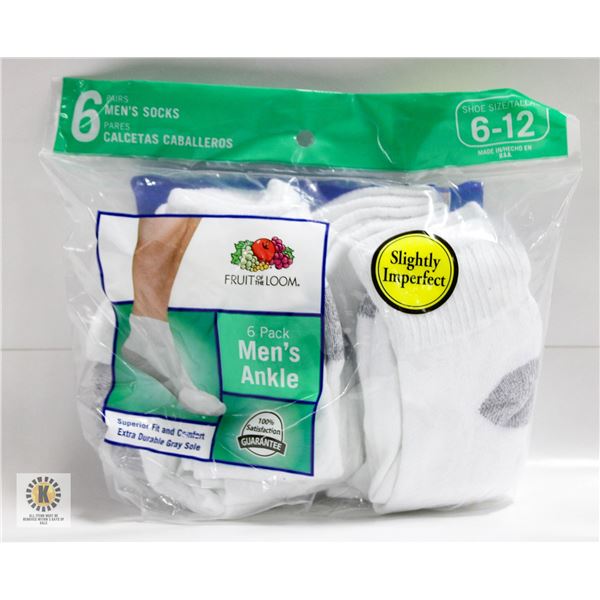 ANKLE SOCKS WHITE 6-12 SIZE 6-PACK FRUIT OF
