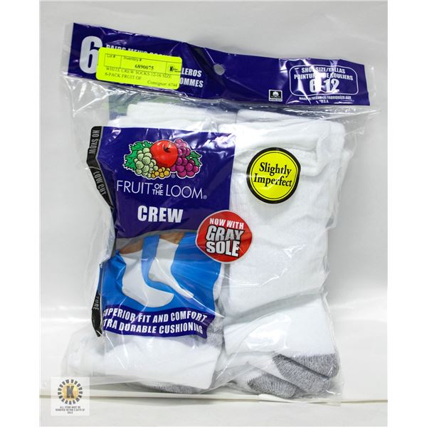 WHITE CREW SOCKS 12-16 SIZE 6-PACK FRUIT OF