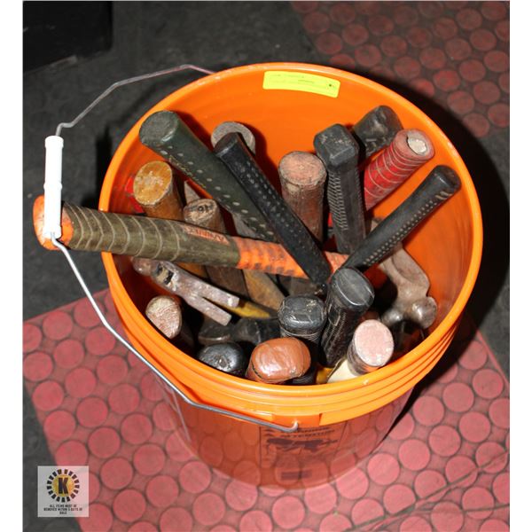 BUCKET WITH 20+ ASSORTED HAMMERS