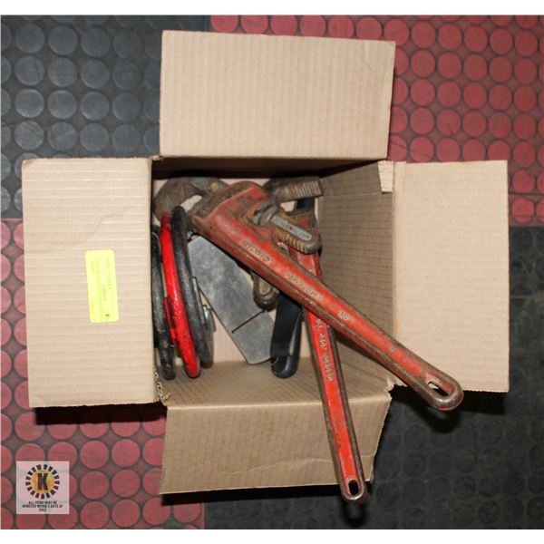 LOT OF PIPE WRENCHES & FORGE SHOES