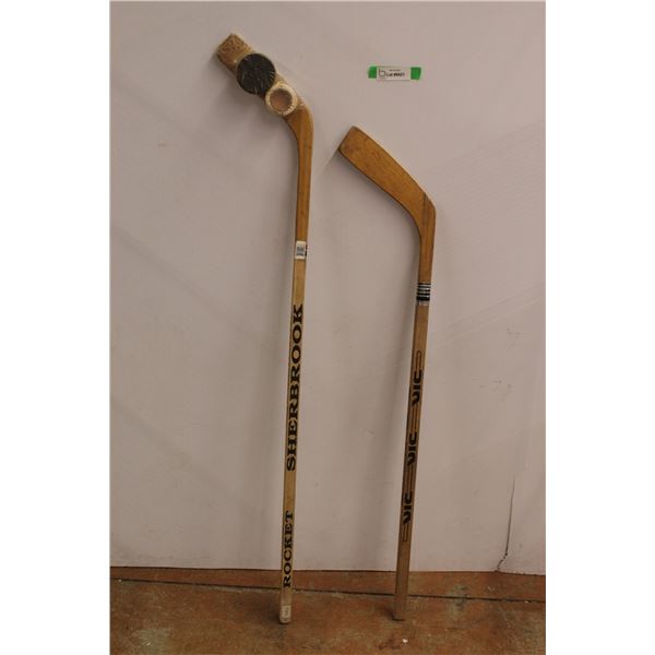 Vintage Sherbrook Rocket & Vic Wooden Hockey Sticks, Hockey Tape and Hockey Puck - Sealed