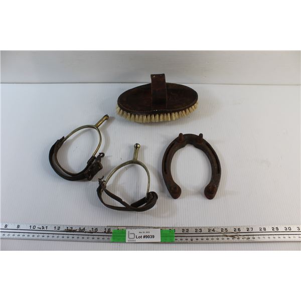 Riding Spurs, Horse Shoe and Grooming Brush