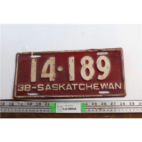 Vintage 1938 Saskatchewan Car Licence Plate