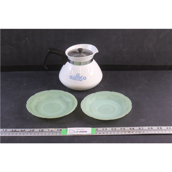 Corning Ware Coffee Pot and (2) Mint Glass Saucers