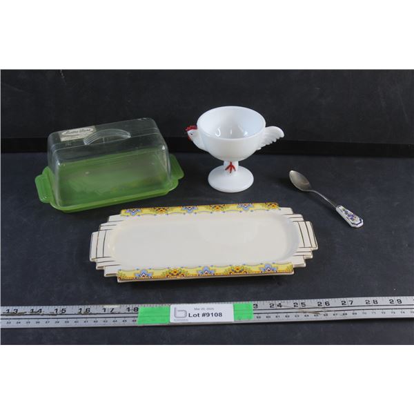 Vintage Lustro Ware Butter Dish, Milk Glass Rooster Cup, Swinnertons Ceramic Serving Tray and Decora