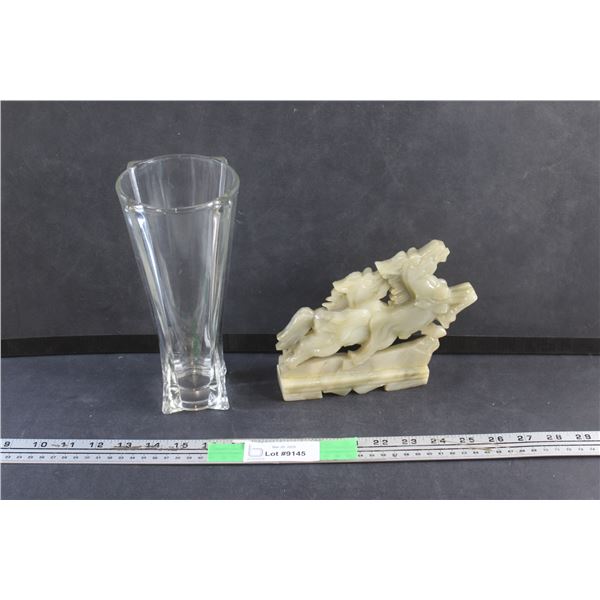 Glass Flower Vase 9'' and Onyx Horse Decoration