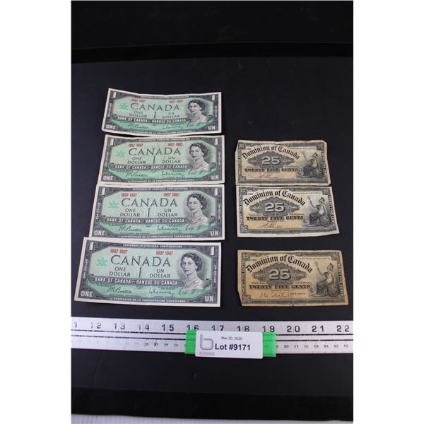 (4) 1967 Centennial Canadian Dollar Bills with dates, (2) 900 Boville signed 25 cent Shinplasters an