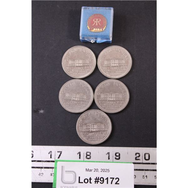 (5) 1973 PEI Canadian Nickel Dollars and 1 Prince Albert Real Estate Board Pin