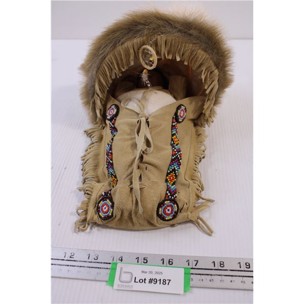 Aboriginal Wall Hanging featuring a baby in a Leather,Fur and Beaded Bed (11x8x7")