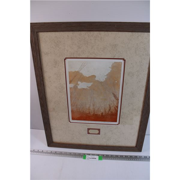 Barley Field Etching by Hazel Grenkie (21x25x1") says "Enjoy Retirement Bryan" on Plaque