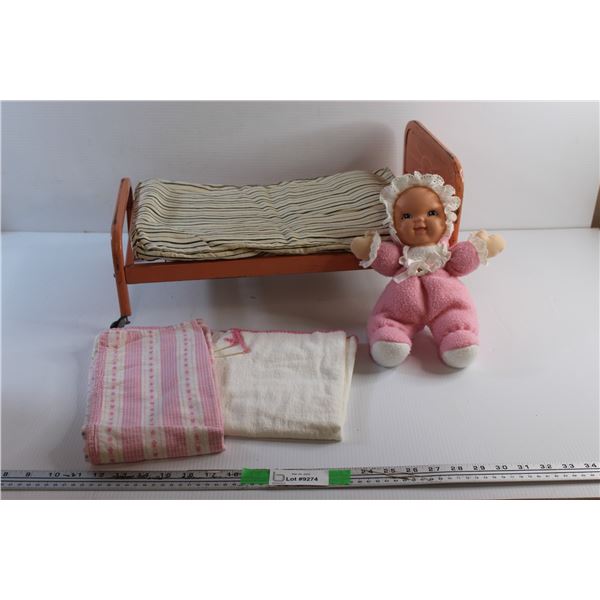 Vintage Doll Bed, Mattress, Bedsheet, Blanket and Doll