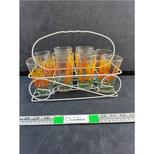 Vintage Decorated 8 Glass Set in Metal Caddy