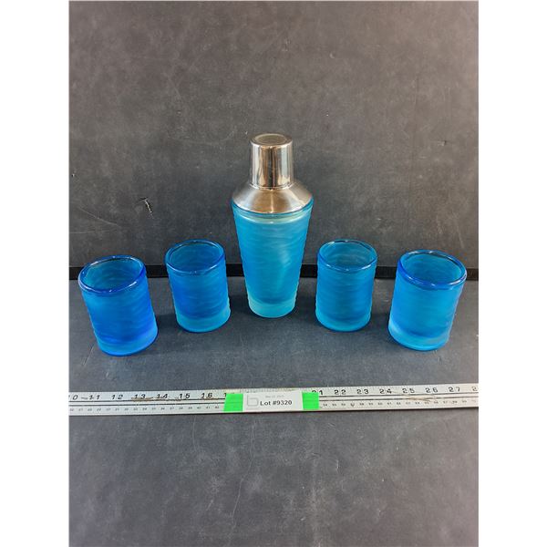 Etched Cocktail Shaker & (4) Cups - Lt. Blue