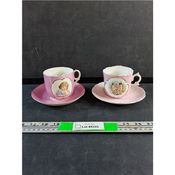 (2) Antique Pink China Mustache Tea Cups and Saucers