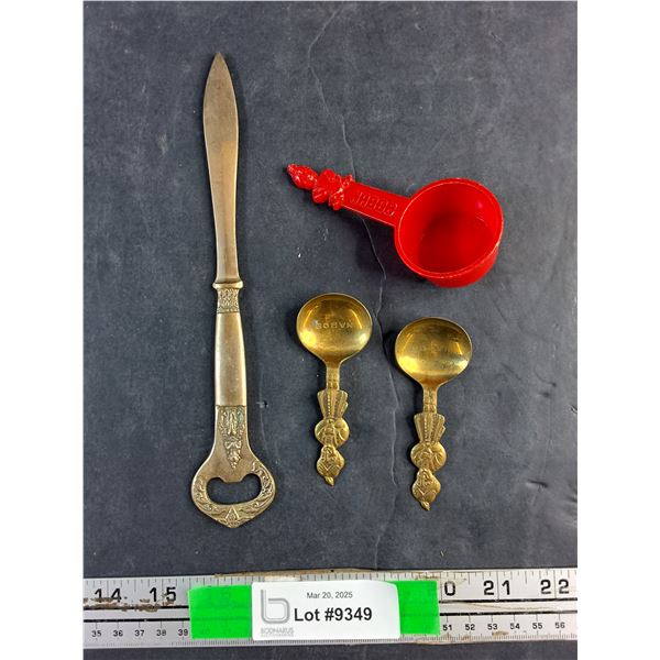 Vintage Brass Letter Opener, (2) Vintage Nabob Brass Scoops and Plastic Nabob Scoop