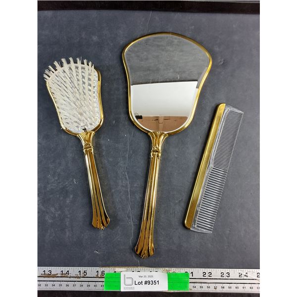 Vintage Brass Hair Brushes and Mirror Set
