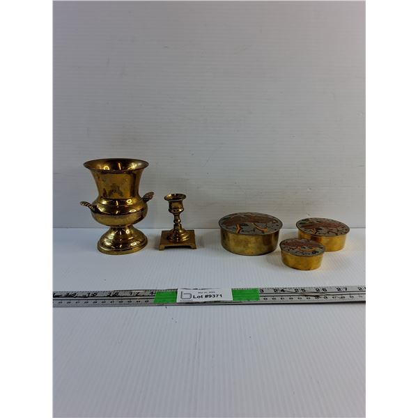 Brass Urn, Brass Candle Holder and (3) Vintage Jewelry Boxes