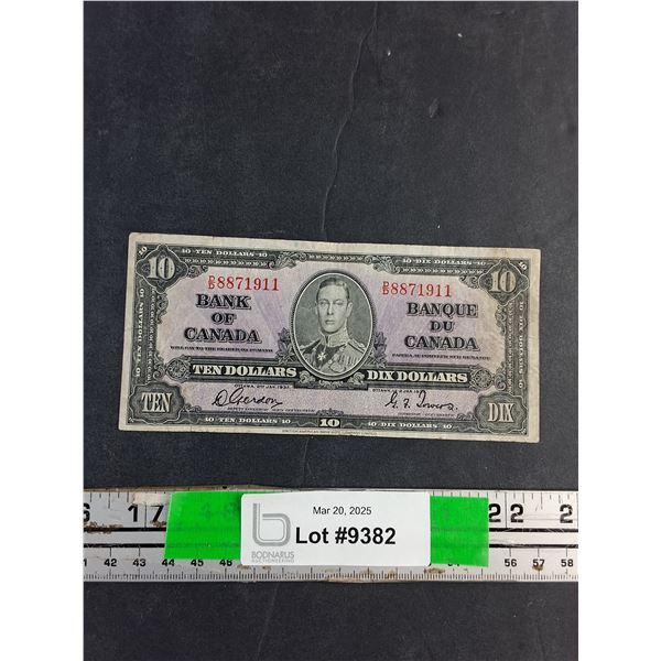 Antique 1937 Canadian 10 Dollar Bill