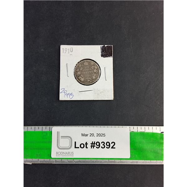 Antique 1910 Canadian 25 Cent Coin