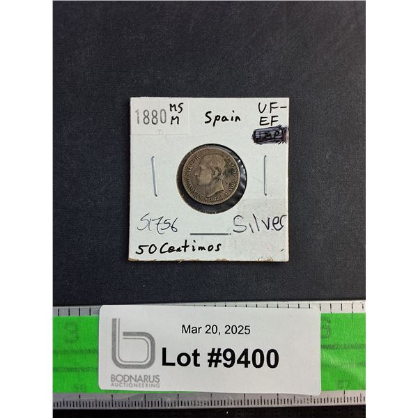 Antique 1880 Spanish 50 Centimos Silver Coin