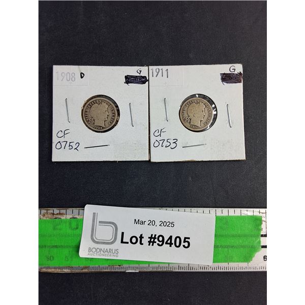 Antique 1908 & 1911 Unites States One Dime Coins