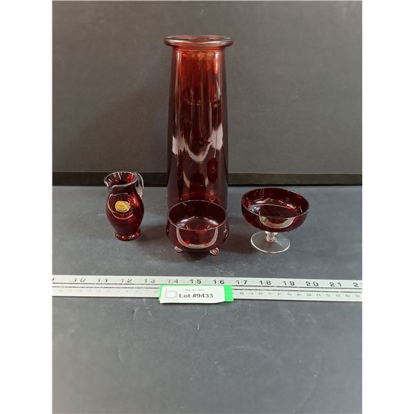 (3) Bohemian Red Glass Set & (1) Red Glass Vase