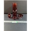 Image 1 : (3) Bohemian Red Glass Set & (1) Red Glass Vase