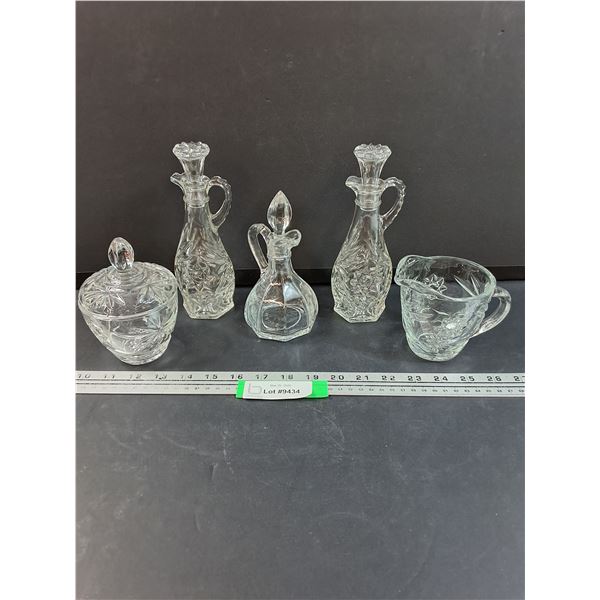 (3) Glass Vinegar Decanters, Glass Sugar & Creamer set