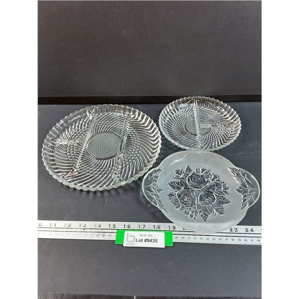 (2) Divided Serving Glass Plates & Rose Etched Serving Plate