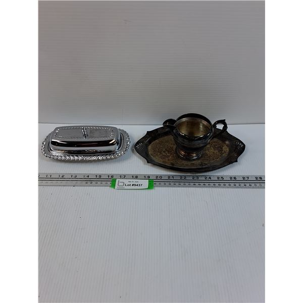 Butter Dish w/Glass Insert , Silver Plated Creamer & Plate Set