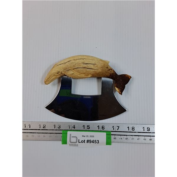 Bone Carved Whale Design Mezzalunas Knife
