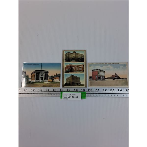 (3) Vintage Saskatoon, Sk Postcards: Land Titles Building Warehouses, C.N.R. Station
