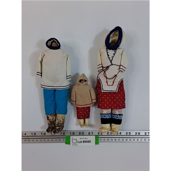 Vintage Handmade Eskimo Dolls (2) Adults, (1) Child