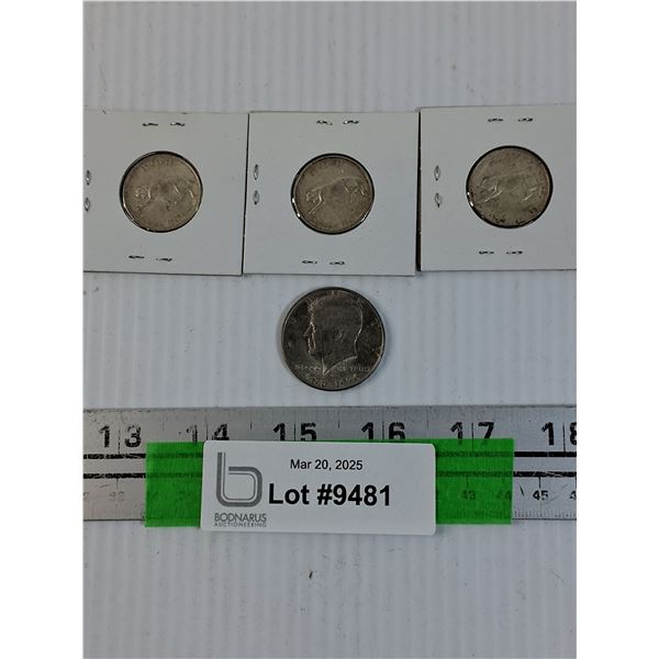 (3) 1967 25 Cent Canadian Pieces and 1776-1976 American 50 Cent Piece
