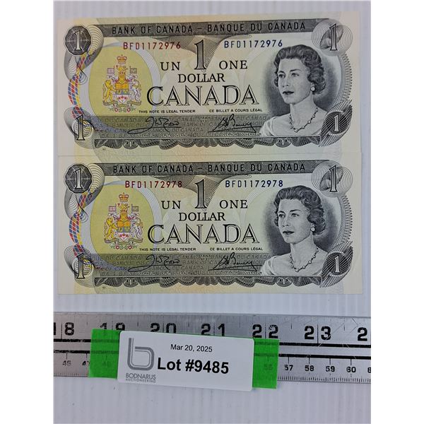 (2) 1973 Crow Bouey Canadian Dollar Bills