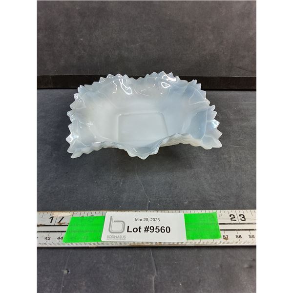 Vintage Sawtooth Edge Scalloped Iridescent Light Blue Hobnail Milk Glass Dish