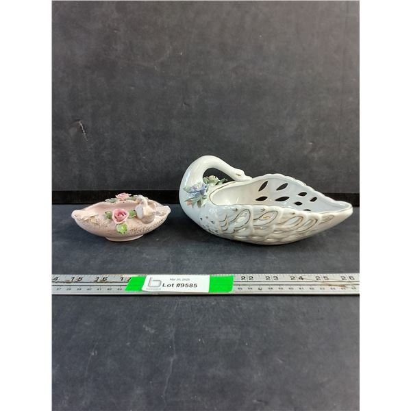Porcelain Swan Planter and Pink Porcelain Ash Tray