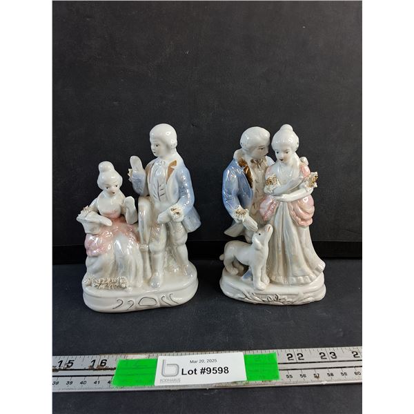 (2) Vintage Pink and Blue Porcelain Victorian Figurines