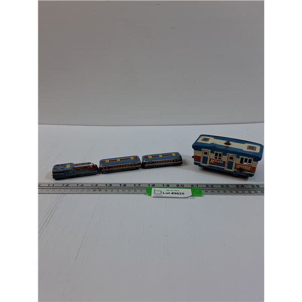 (3) Tin Train Car "Toy" Set & Tin House Trailer "Toy"