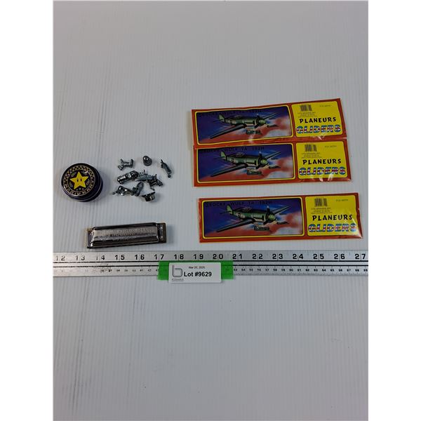 Marine Band Harmonica & Mario Kart Tin & Monopoly Characters, (3) Gliders Build It Planes