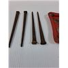 Image 2 : (4) Antique Square Head Nails (6.5"), Tin Ashtray, Invinsible Cast Iron Toy Revolver