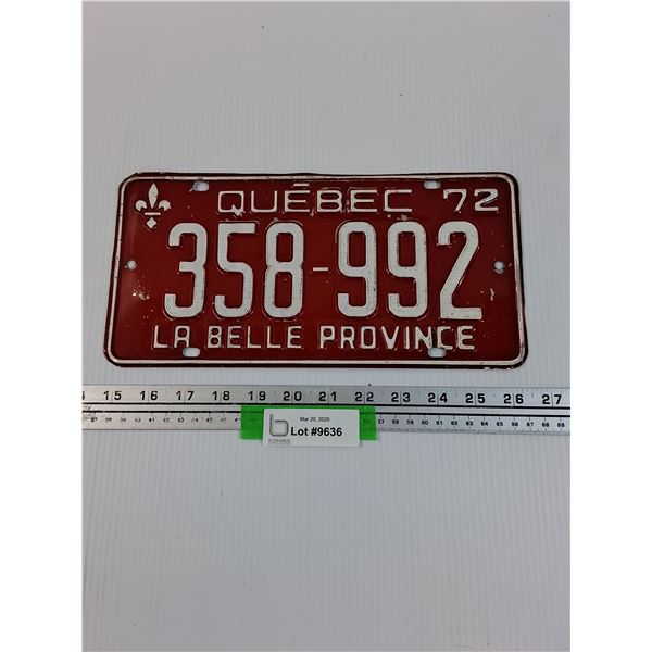 Quebec 1972 License Plate