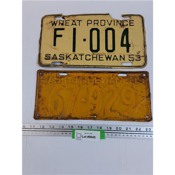 (2) Saskatchewan License Plates: 1933 & 1953