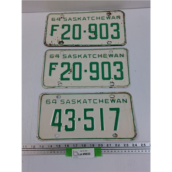 (3) Saskatchewan License Plates - 1964