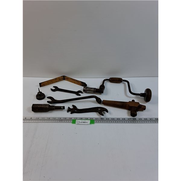Vintage Tool Lot: Folding Ruler, Hand Drill, Wrenches, Oiler, Tire Socket,  Misc