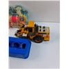 Image 3 : Retro Toy Lot: Duplo Car, Farm Fence, Mickey Mouse, Caterpillar Construction Truck, Egg Caton, Misc