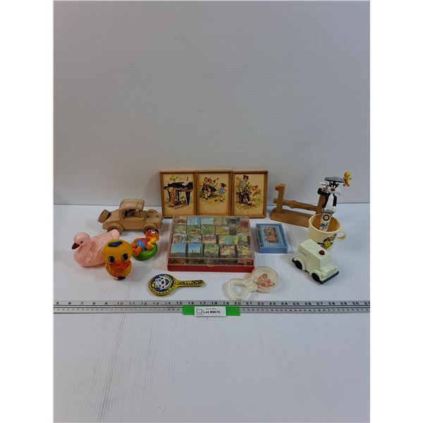Vintage Toy Lot: Tin Rattler, Bath Toy, Puzzle, Wood Car, (3) Wood Framed Pictures, Misc