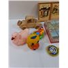 Image 2 : Vintage Toy Lot: Tin Rattler, Bath Toy, Puzzle, Wood Car, (3) Wood Framed Pictures, Misc