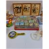 Image 3 : Vintage Toy Lot: Tin Rattler, Bath Toy, Puzzle, Wood Car, (3) Wood Framed Pictures, Misc